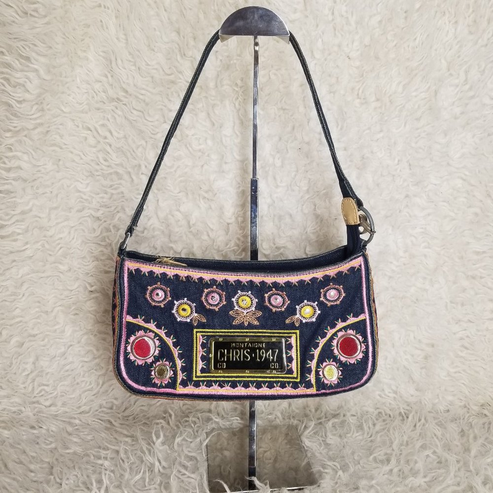 Vintage Christian Dior Blue Denim Embroidered Montaigne Chris 1947 Purse bag